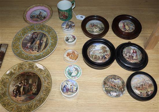 A group of Prattware plates, a mug and pot lids